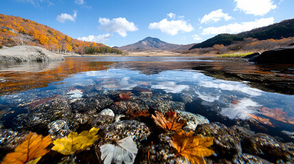 Fototapeta premium Autumn lake reflection, mountain backdrop, clear water, fall foliage
