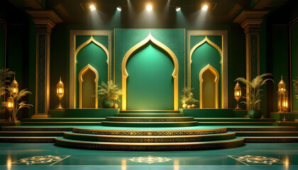 Obraz premium Luxurious Islamic stage with green and gold tones, intricate patterns, arch frames, golden lanterns, and a grand multi-step platform, creating a sophisticated and serene presentation setting.