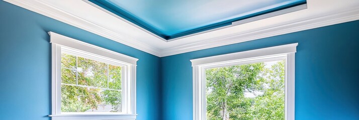 Fototapeta premium Blue Room Corner With White Crown Molding And Windows