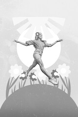 Collage photo of young attractive jumping celebrate good mood spring time good sunny weather girl enjoy flowers garden isolated on drawing background