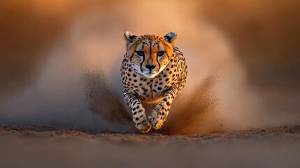 Cheetah sprinting across a dusty landscape during sunset, showcasing speed and agility (1)