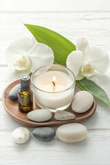 Serene aromatherapy arrangement showcasing essential oils, calming candles, and natural accents like stones and greenery creating a tranquil atmosphere.