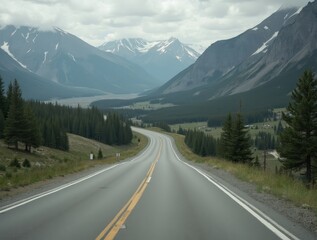 Naklejka premium Winding road leading into breathtaking mountain scenery in the canadian rockies