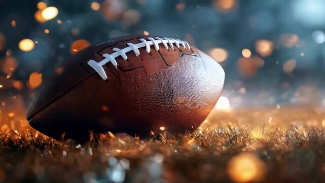 Close Up of Football on Grass Surrounded by Sparks, Capturing Dynamic Energy of Outdoor Sports Competition on Field
