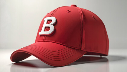 Red baseball cap with letter B on grey background, copy space