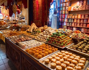 Obraz premium Colorful baklava, turkish delight, and teas displayed on trays in turkish bazaar