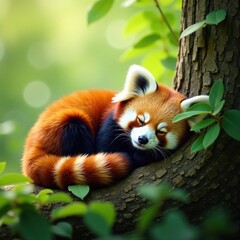 Obraz premium Red panda snoozing, nestled among leaves in tree , day, solitary, bushy tail