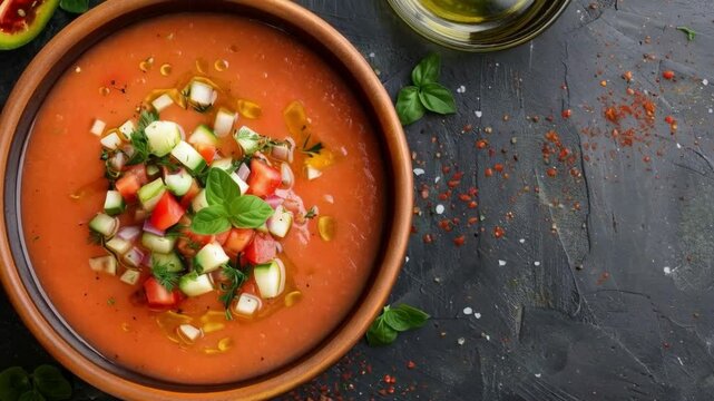 Fresh Healthy Tomato Soup with Diced Vegetables and Herbs in Rustic Bowl Drizzled with Olive Oil for Vibrant Cuisine Experience