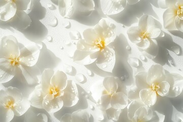 Obraz premium delicate white freesia blooms with soft yellow centers, dewdrops glistening on petals, arranged gracefully against pure white backdrop with subtle shadows