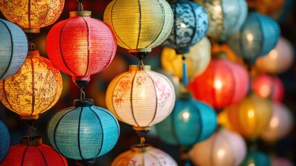 Fototapeta premium Colorful Lanterns Illuminated Night Market Asia