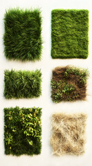 Different types of grass wall panels, in various styles and sizes
