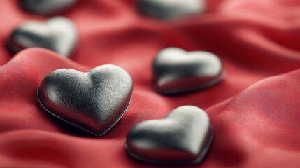 Fototapeta premium Silver Hearts Resting On Red Fabric