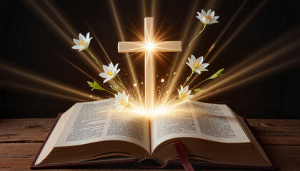 Radiant cross rising from ancient Bible with luminous Easter lilies, celestial atmosphere