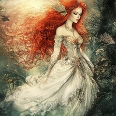 A picture of a woman with long red hair flowing and a white dress surrounded by beautiful trees.