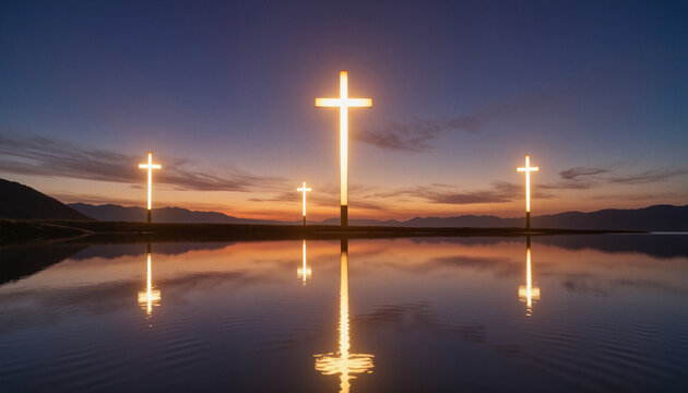 Mystical Easter sunrise service with glowing crosses reflected in a serene lake