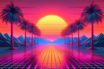 retro, vaporwave, años 80, neón, sintetizador, fondo vintage, ilustración futurista, atardecer, playa, edén