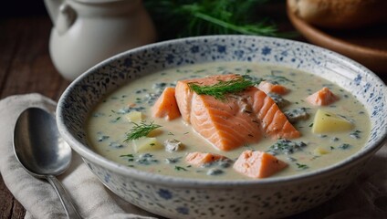 Finnish Salmon Soup Lohikeitto. Scandinavian soup made from milk, cream and salmon fish