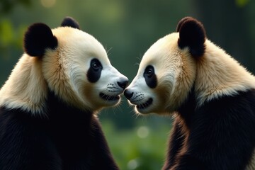 Obraz premium Two large panda heads gazing at each other, intimate scene , friendship, masquerade, harmony
