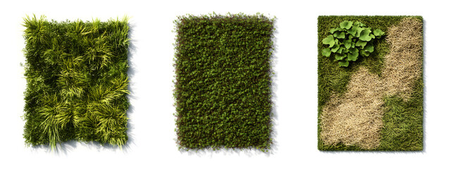 Different types of grass wall panels, in various styles and sizes
