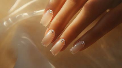 Radiant girl showcasing perfect beige French nails with elegant rhinestones, capturing soft and glamorous aesthetic. nails reflect light beautifully, enhancing their allure