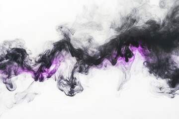 Fototapeta premium dramatic storm clouds with purple-tinged lightning bolts piercing through dark masses, swirling smoke tendrils, high contrast against white backdrop