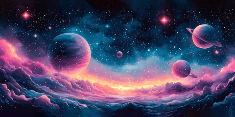Cute Pastel Space Scene with Cartoon Planets and Rockets
