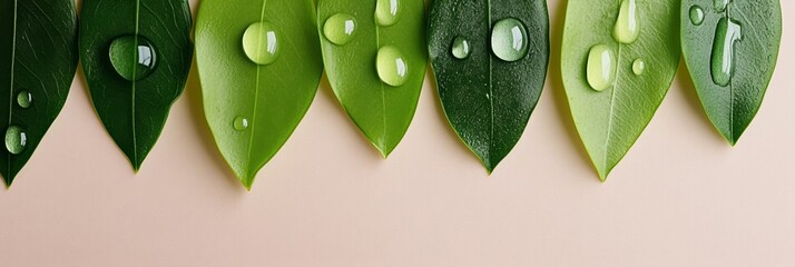 Elegant Abstract depiction of raindrops on spring leaves with a blurred gradient of greens and blues refreshing spring rain theme 