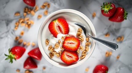 Widok z góry na biały jogurt ze świeżymi truskawkami i polewą muesli na powierzchni marmuru