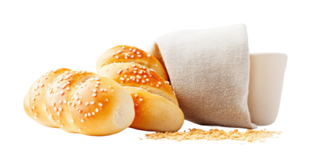 Fresh baked buns on white cloth bakery isolated on transparent background