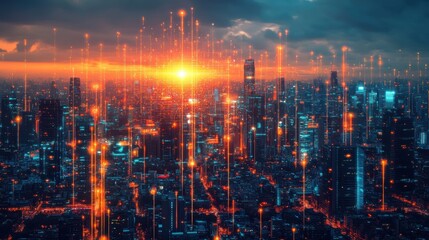 Fototapeta premium Futuristic Cityscape Smart City Technology Network Global Business 2025