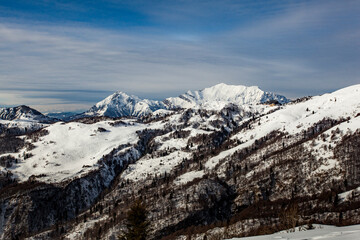 Winter view of Grigne Mountains from Rifugio Gherardi, Orobic Alps, Val Brembana, Val Taleggio,...