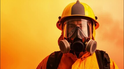 Protective worker in orange helmet and gas mask, equipped for hazardous industrial environments with essential safety equipment for emergency response and health protection.