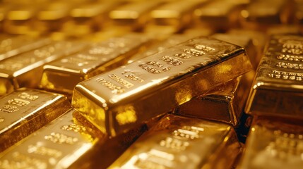 Gold bars pile, wealth, finance, close-up, background blur, investment