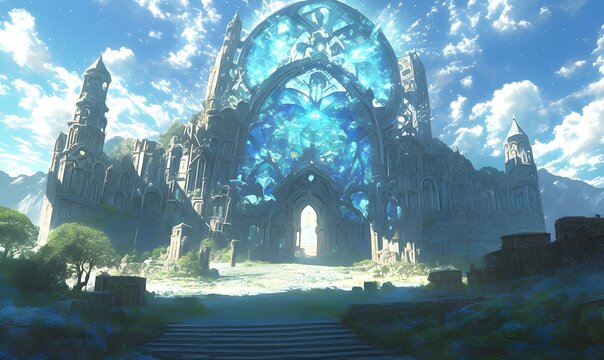 Majestic fantasy castle fortress with clouds and blue sky, anime style