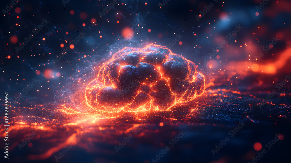 Poster vibrant glowing cloud with fiery elements on a dark background