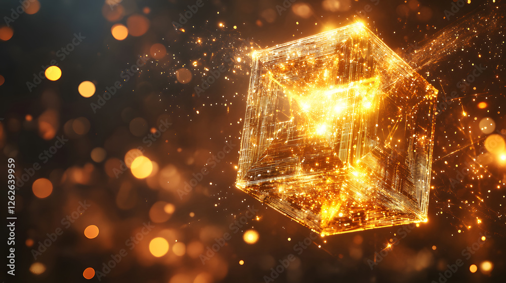 Aufkleber glowing geometric shape with sparkling particles in a dark background