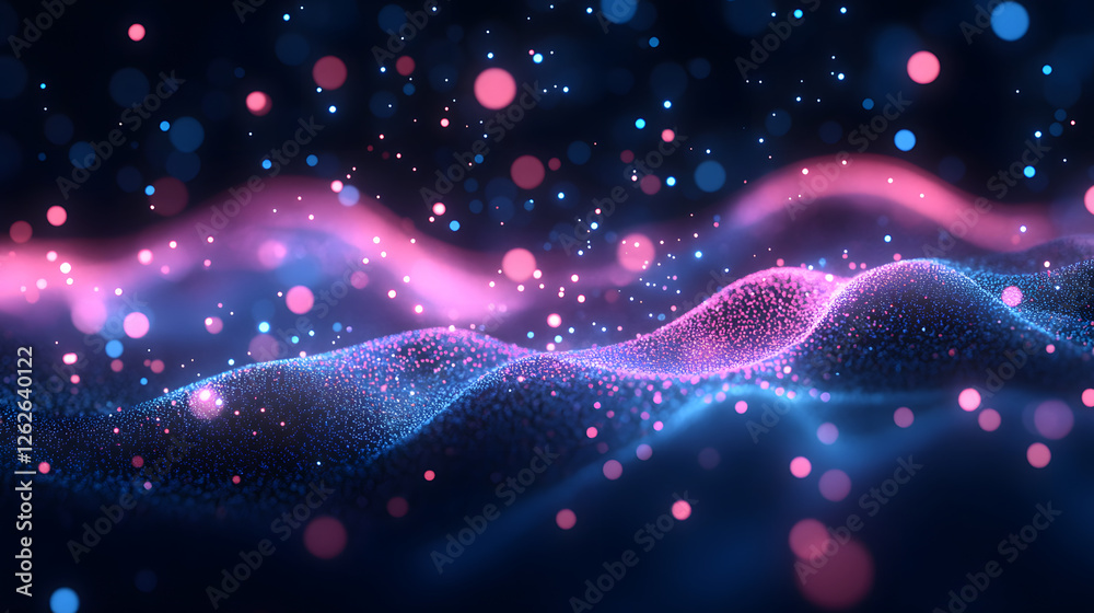 Poster abstract wave of colorful particles with a dark background