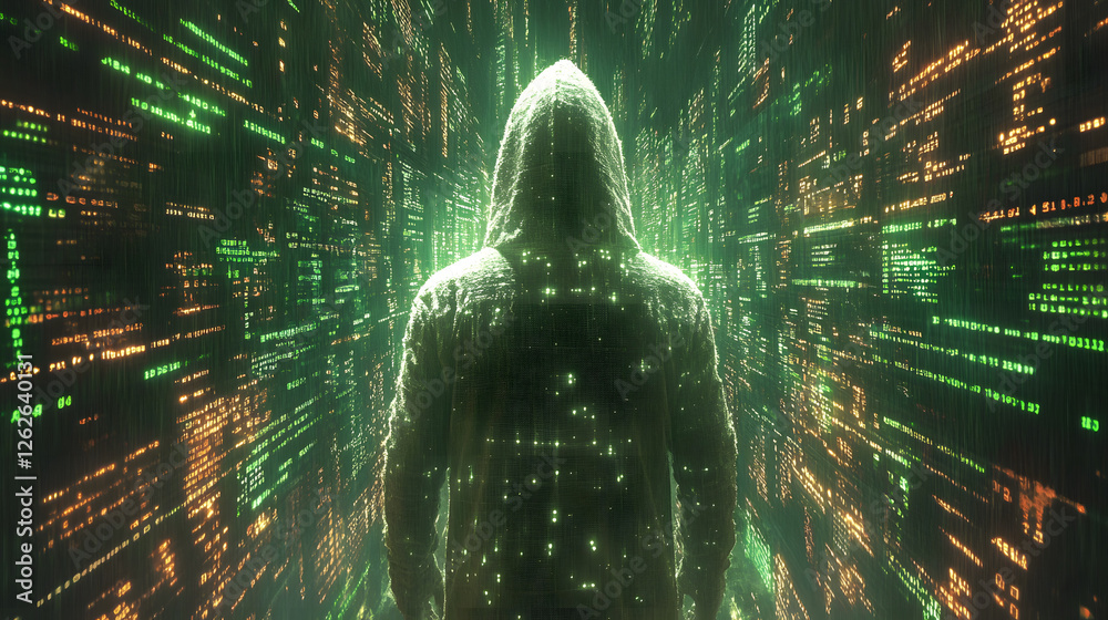 Poster mysterious figure in a hooded cloak surrounded by digital code