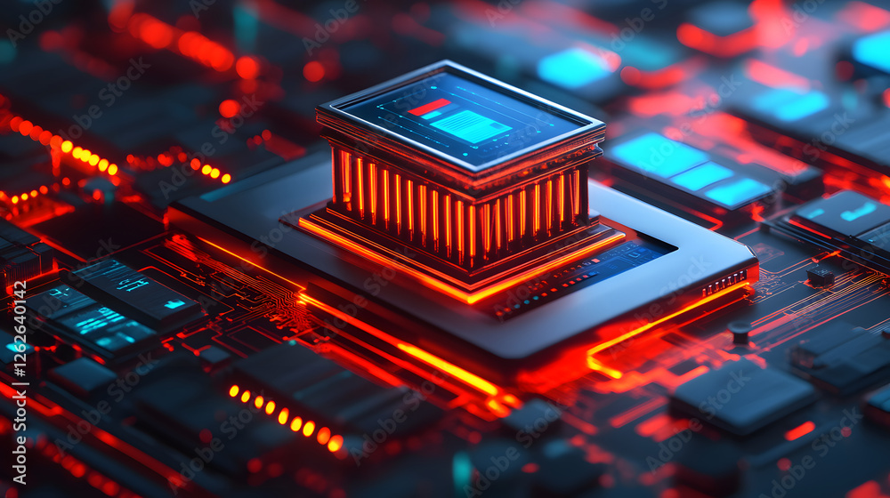 Poster high-tech computer chip glowing on a circuit board