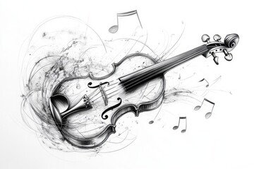 Obraz premium elegant black and white illustration of violin with dynamic musical notes flowing, created in detailed graphite technique with artistic composition