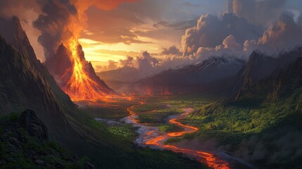 Obraz premium A breathtaking volcanic eruption at twilight, with rivers of glowing lava carving through the lush valley. Ash and smoke billow into the darkening sky as the earth trembles.