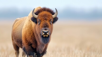 Fototapeta premium Bison in field, front view, natural habitat. Possible use nature documentary, wildlife