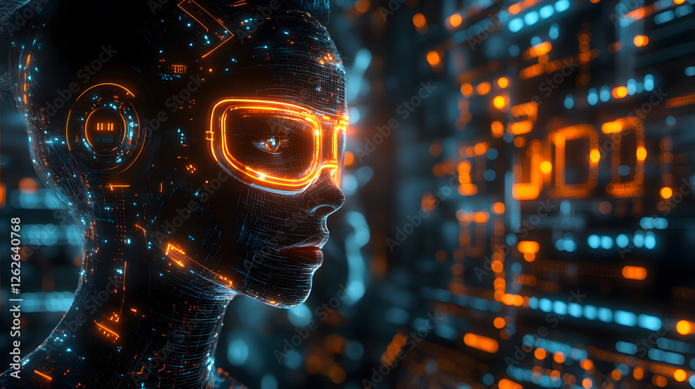 Poster futuristic humanoid figure with glowing elements and digital background