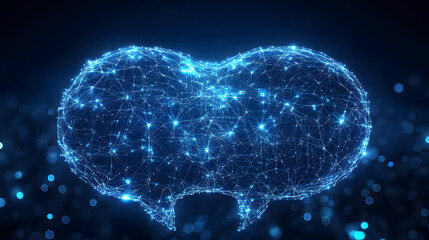 Digital chat bubble made of glowing blue particles on a dark background