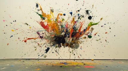 A chaotic yet artistic explosion of multicolored paint splatters captured at high speed, suspended mid-air against a neutral studio backdrop
