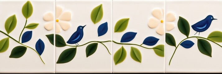 Elegant Hand crafted azulejo wall featuring stylized birds vines and symmetrical geometric shapes in classic Portuguese fashion traditional yet lively 