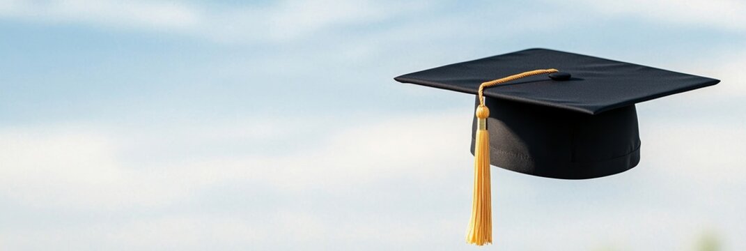 Elegant Graduation cap tossed into the air against a sunny blue sky with soft clouds celebrating academic achievement and new beginnings 