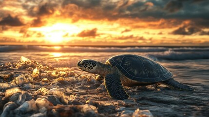 A chilling image of a turtle navigating through a beach covered in plastic, its struggle highlighted by the contrast of the breathtaking sunset in the background.
