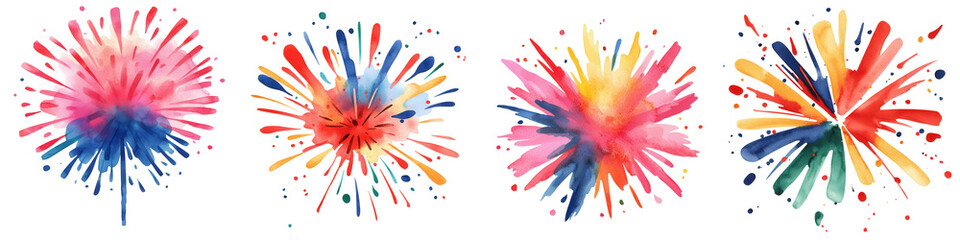 Colorful watercolor firework explosions create festive atmosphere, isolated on transparent background.