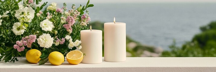 Elegant Minimalist white table setting with candles fresh citrus accents and wildflowers on a terrace overlooking the sea fresh summer elegance 